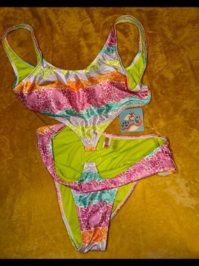 NWT BLUE Multicolor Floral Stripe Two-Piece Swimsuit size L